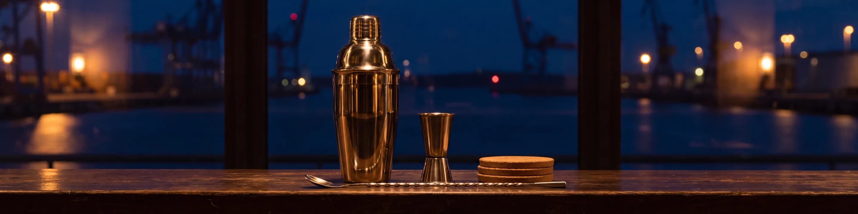 Cocktailshaker, Jigger, Barlöffel und Untersetzer auf einem Holztresen vor dem Hafenfenster