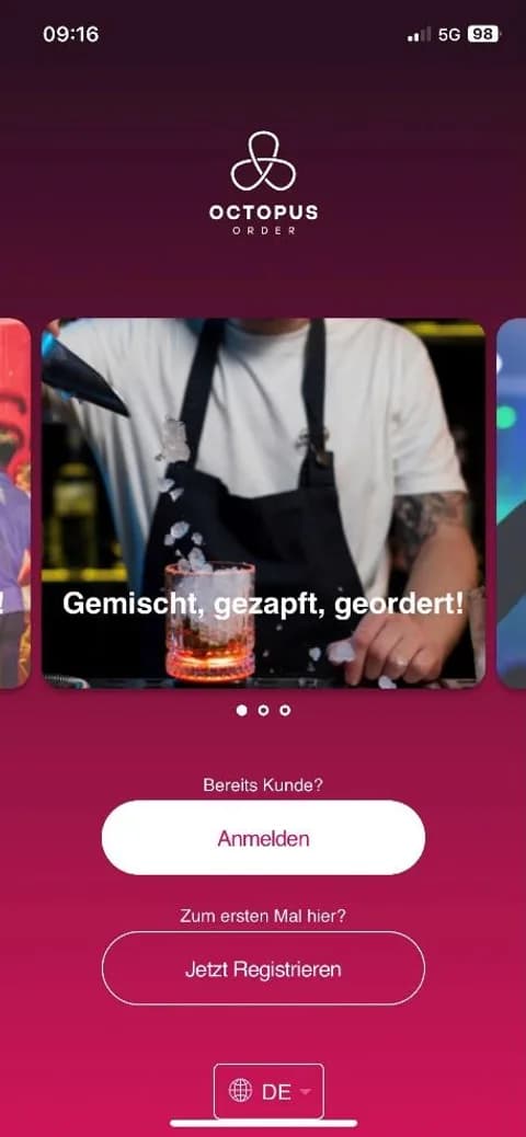 Startbildschirm der Octopus-Order-App mit den Schaltflächen Anmelden und Jetzt Registrieren