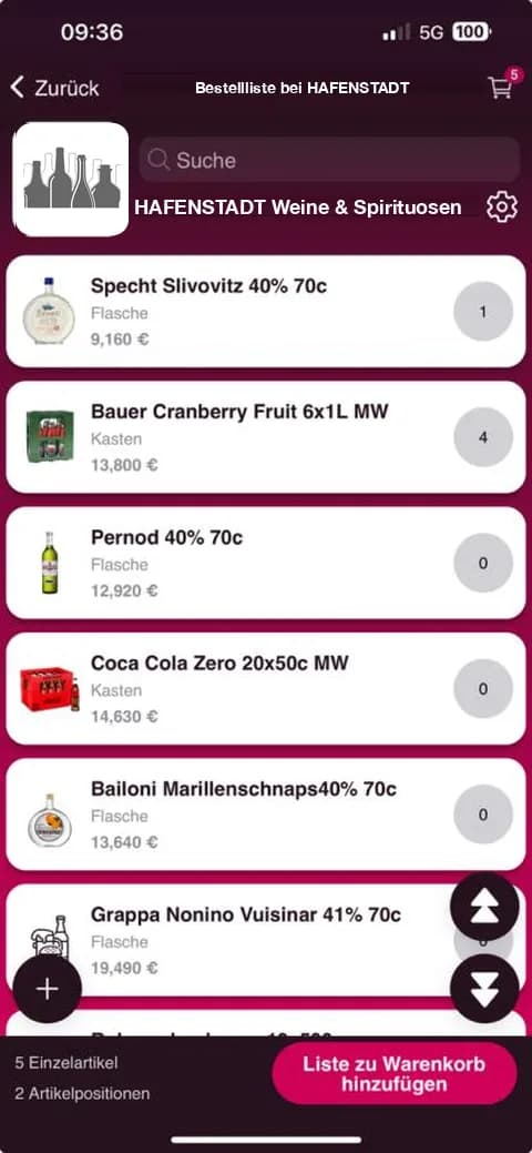 Bestellliste bei HAFENSTADT in der Octopus-Order-App: je Artikel eine Menge, unten die Schaltfläche Liste zu Warenkorb hinzufügen