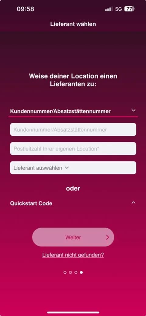 Bildschirm Lieferant wählen mit den Feldern für Kundennummer, Postleitzahl und Lieferant