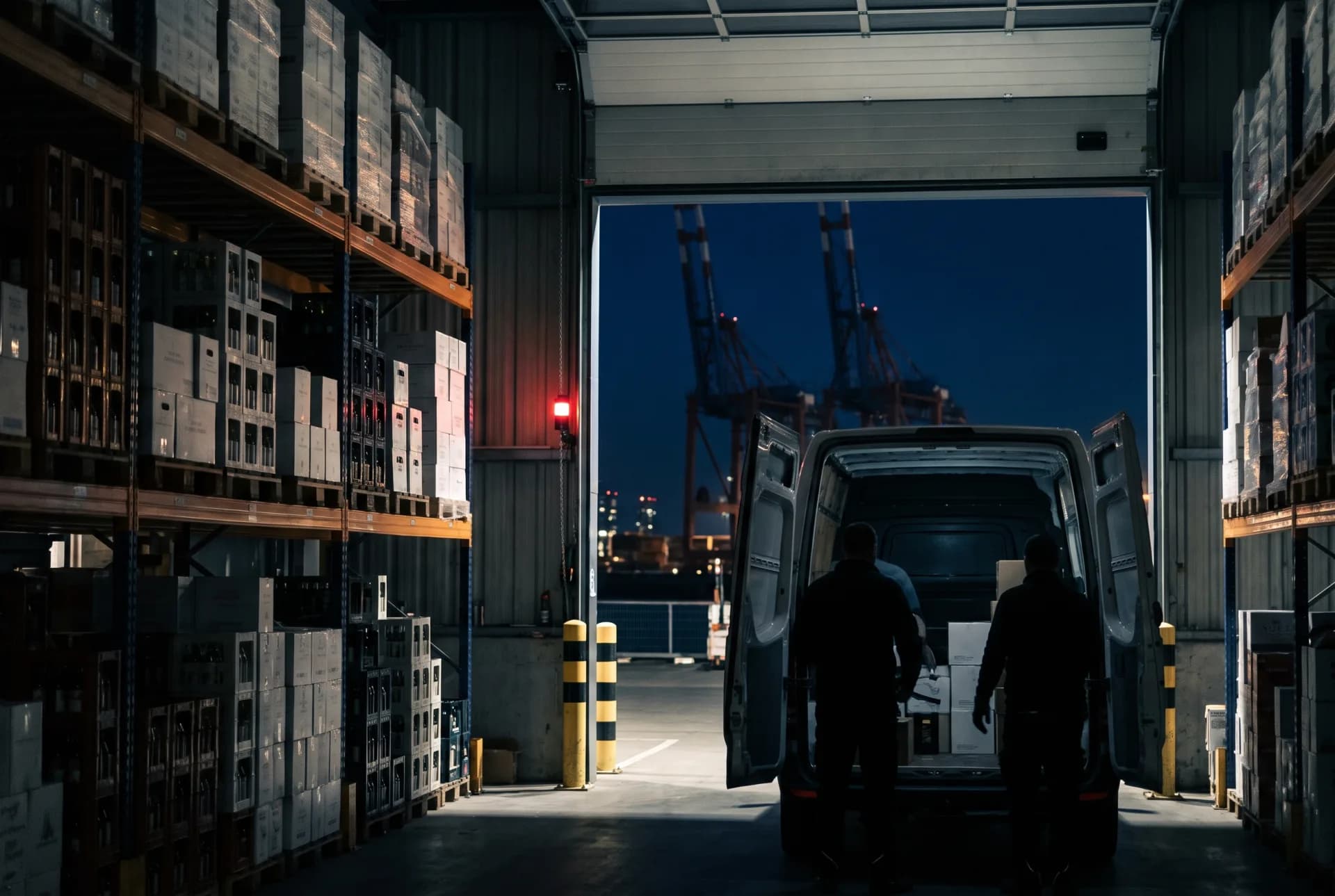 Lieferwagen mit offenen Hecktüren wird im Lager beladen, durch das Tor die Hafenkräne